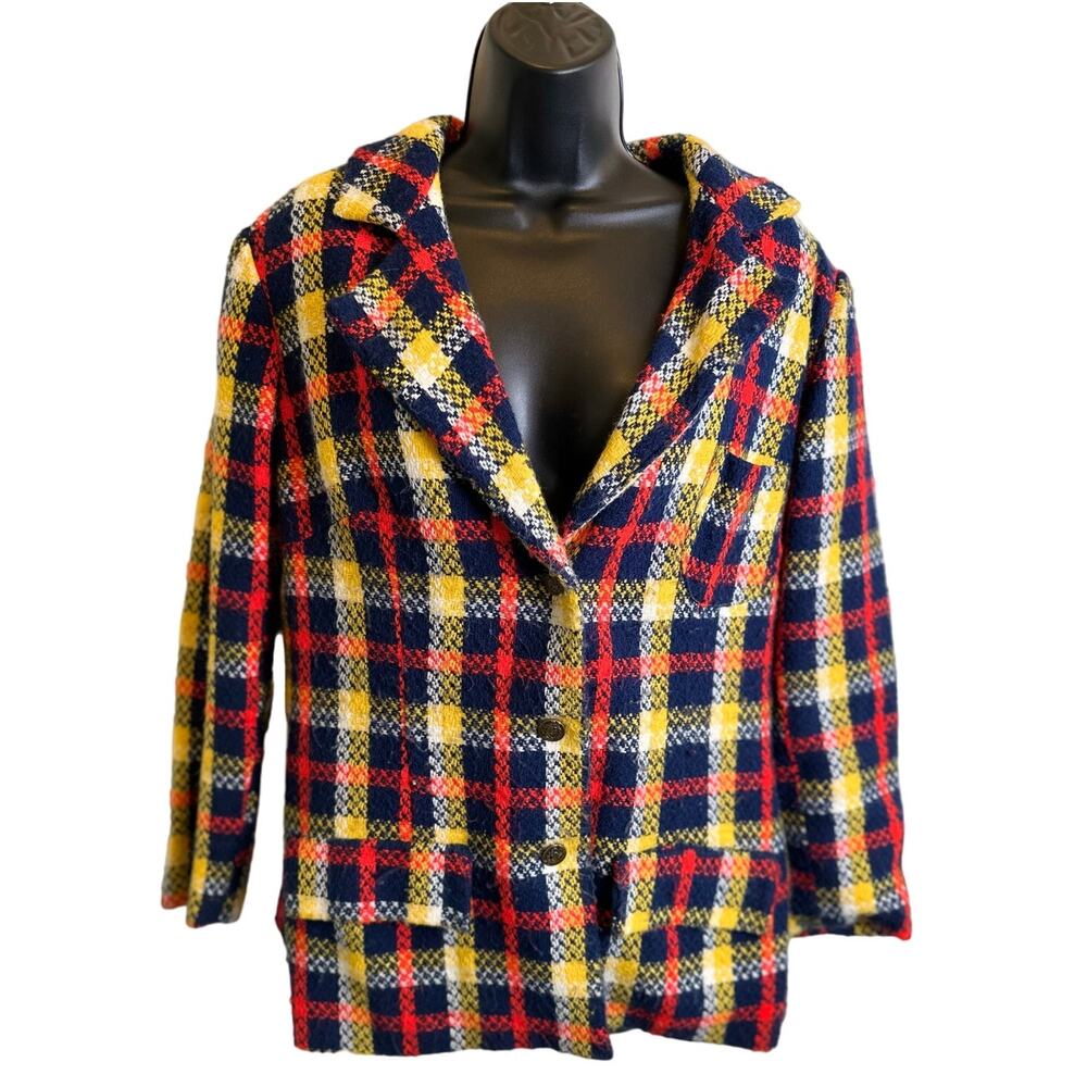 Vintage Handmade 70s Plaid Jacket Colorful Geometric Rainbow Retro Boho Medium
